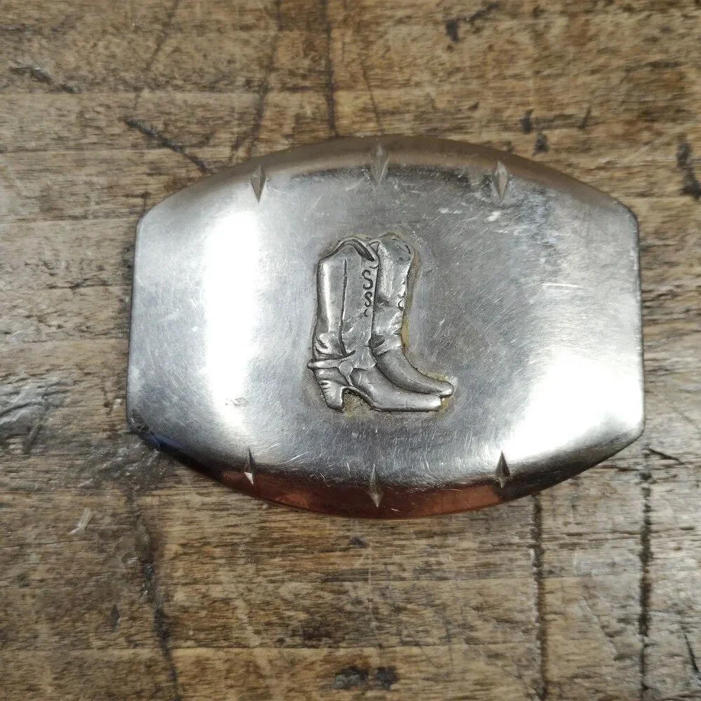 Vintage Belt Buckle Metal Cowboy Boots Rodeo Western Horse Spur Silver Tone